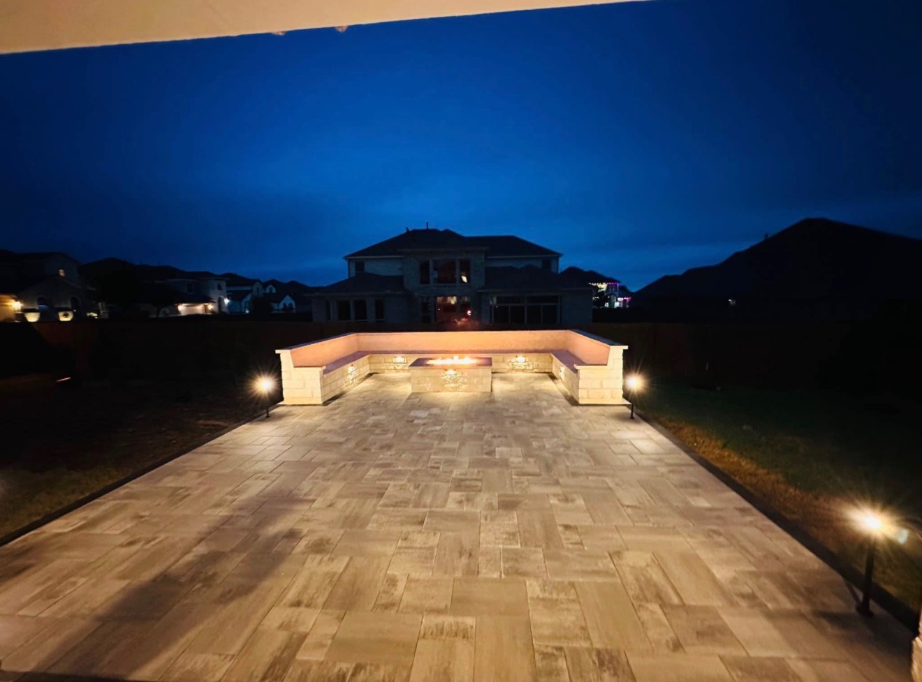 Patio fire feature night DFW